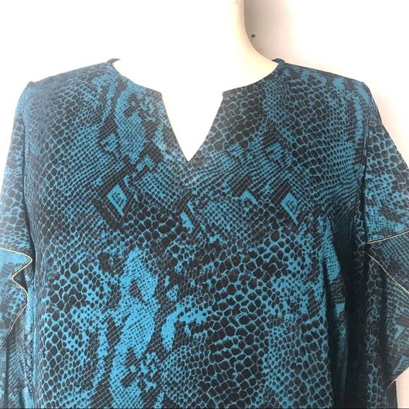 N) Thalia Sodi Sheer Ruffles Snake Print Blouse Top Teal Blue Black size Small - Picture 3 of 10